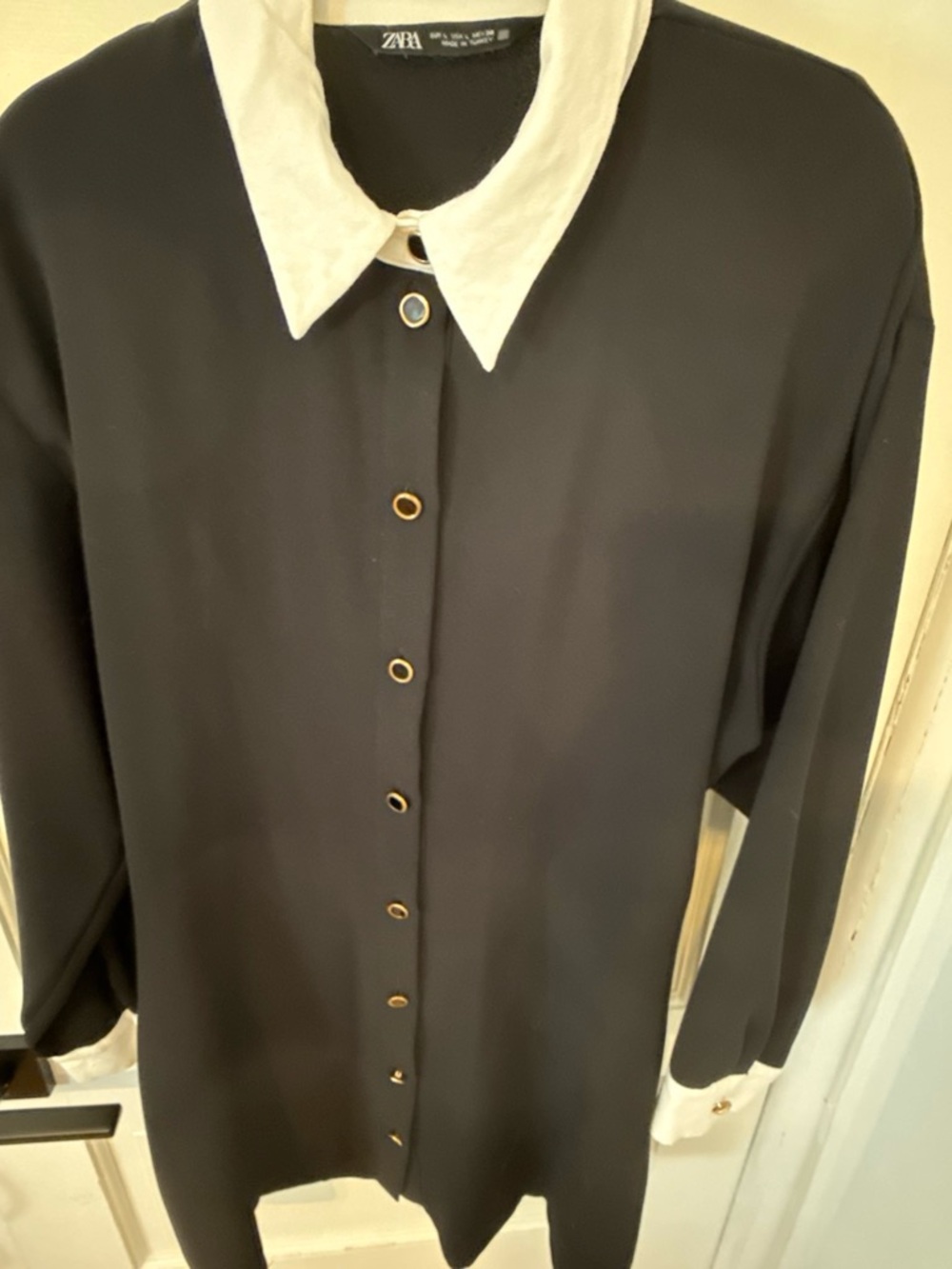Zara Black Long-Sleeve Shirt Dress with White Contrast Collar and Cuffs